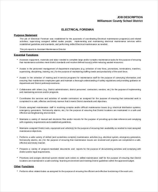 Electrician Job Description 9 Free PDF Word Dowload Documents