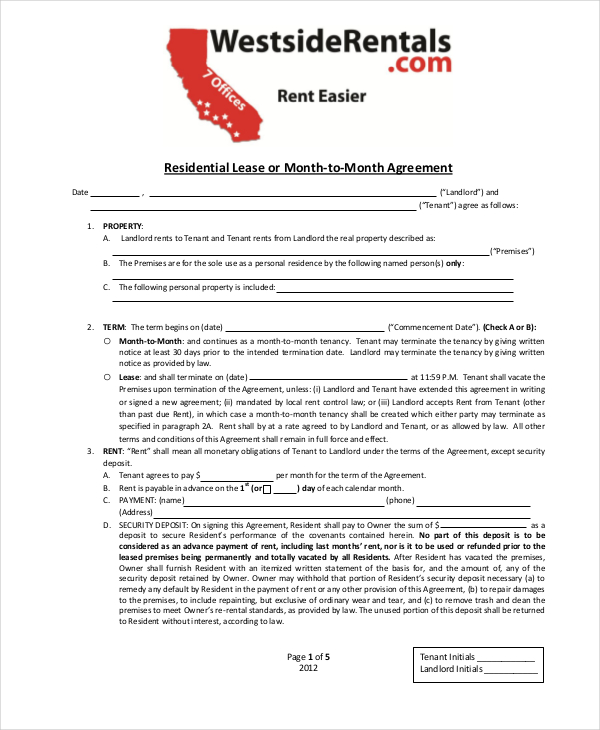 month to month lease agreement template