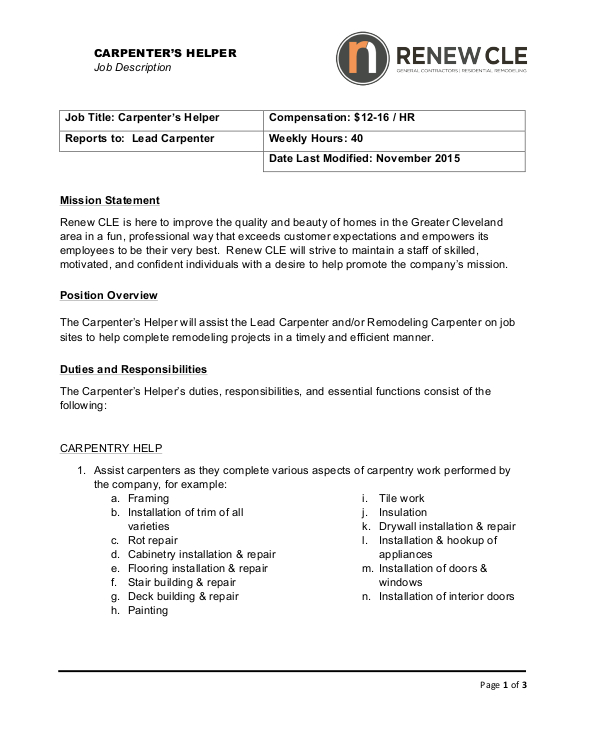 carpenter helper job description sample