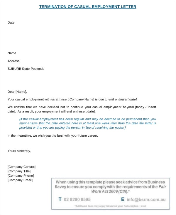 casual employee termination letter template