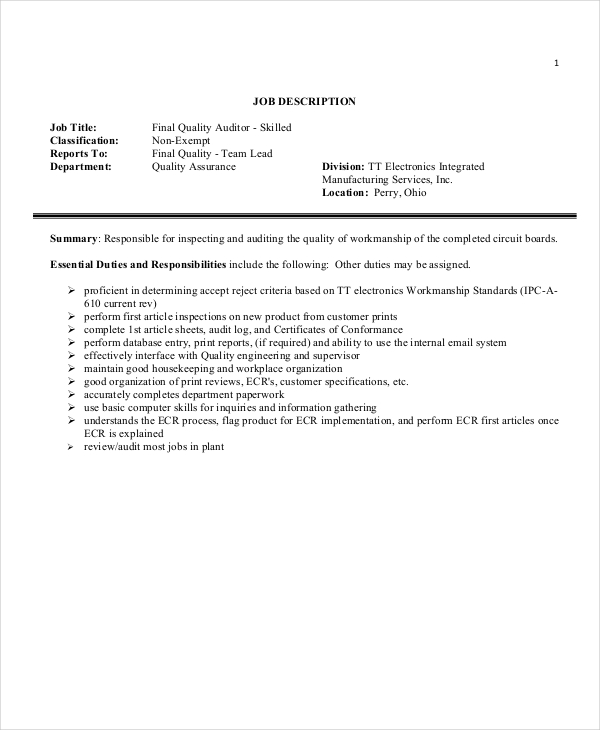 Auditor Job Description Example 11+ Free PDF Documents Download