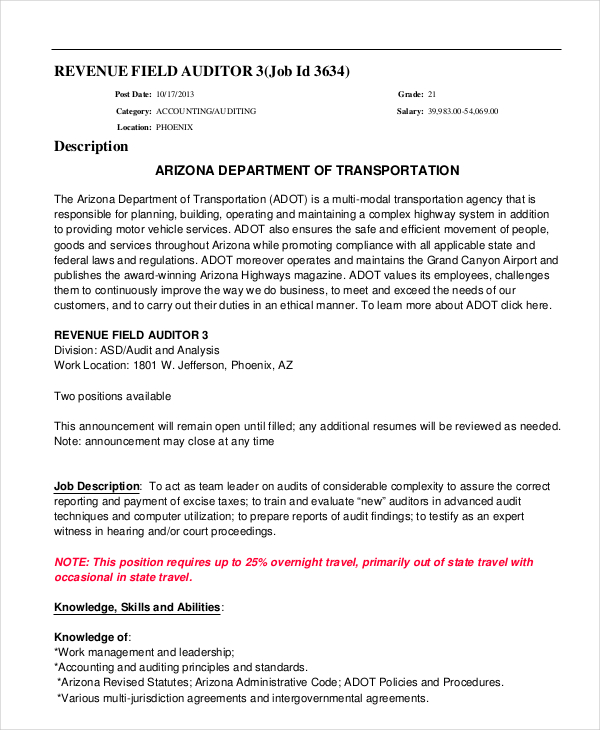 Auditor Job Description Example 11+ Free PDF Documents Download