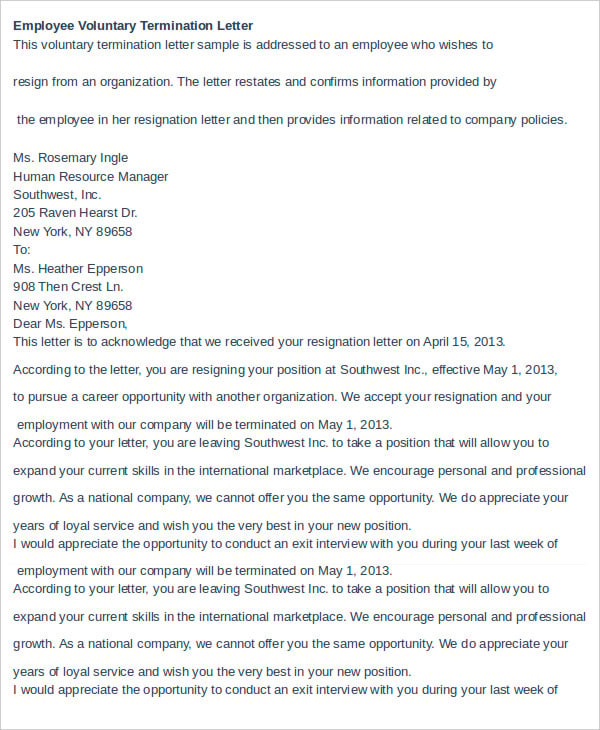 employee voluntary termination letter