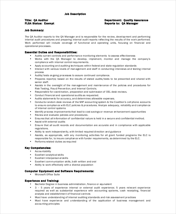 Auditor Job Description Example - 11+ Free Pdf Documents Download