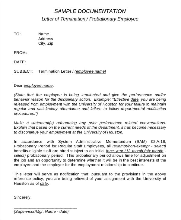 Probationary release termination letter
