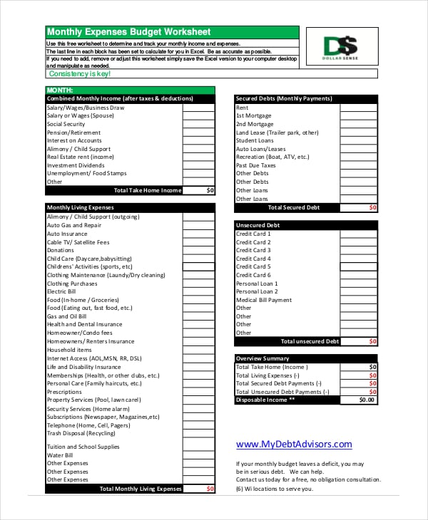 monthly expenses budget worksheet in pdf