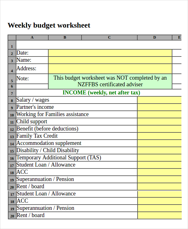 weekly budget worksheet in excel