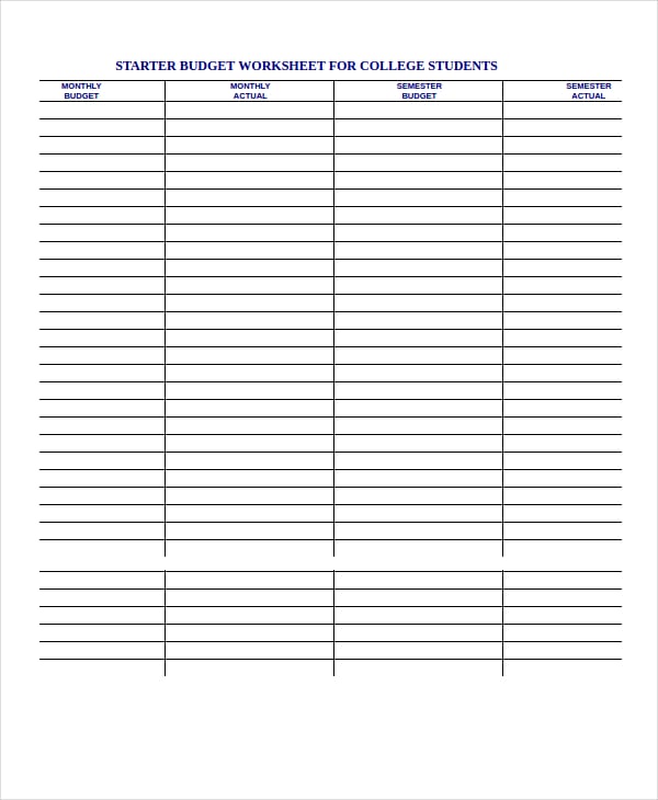 budget worksheet for college students in word