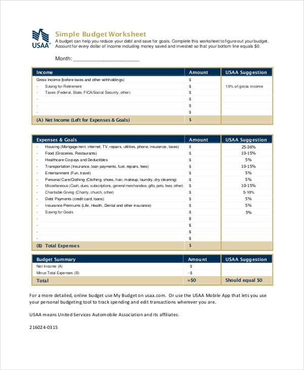 simple budget worksheet template