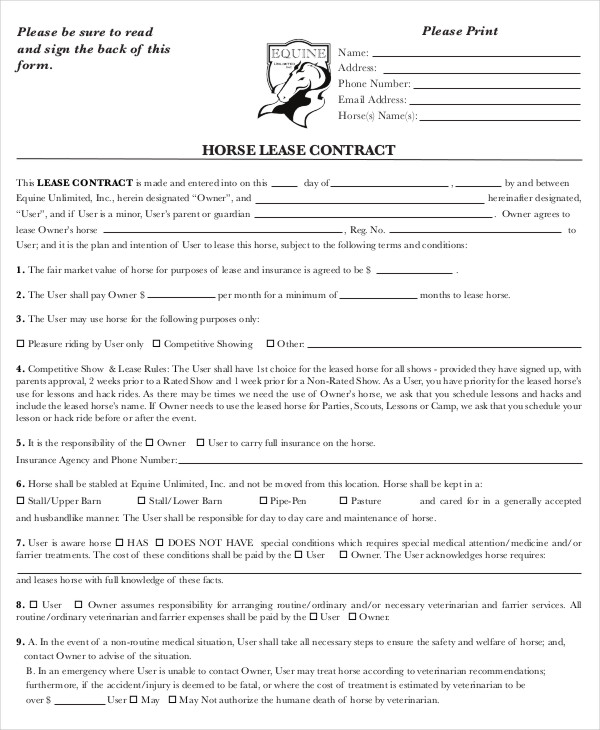 Printable Horse Lease Agreement