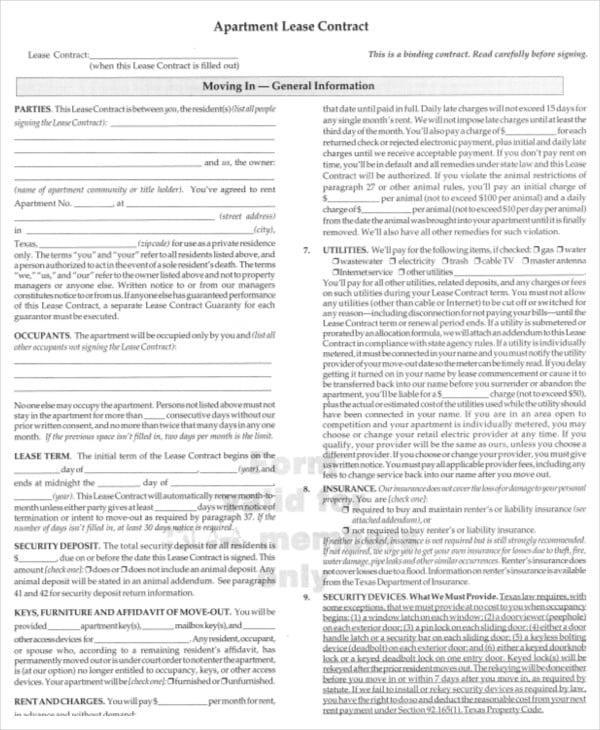 apartment lease contract form