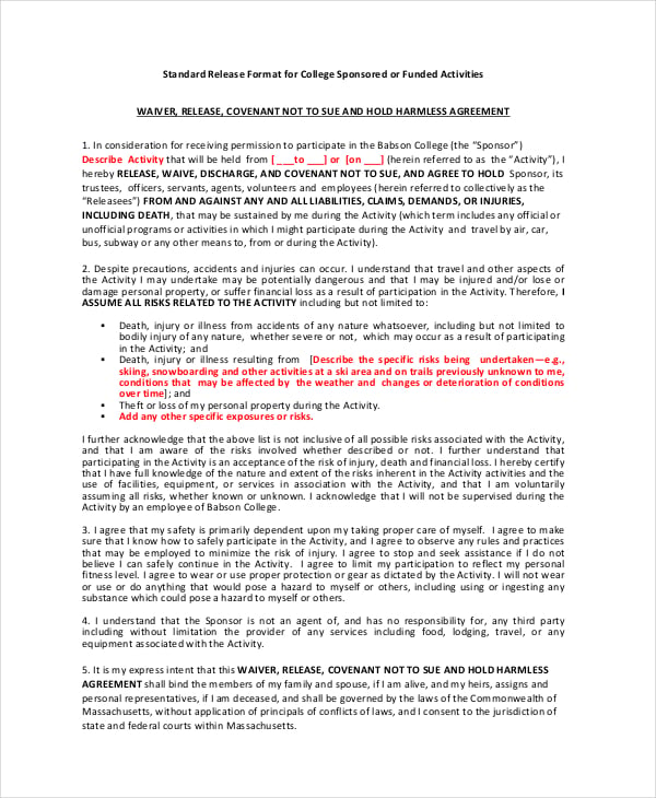 standard liability waiver release form