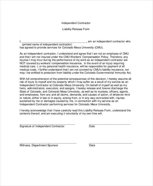 Contractor Liability Waiver Form