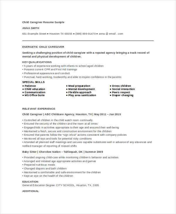 Caregiver Description Resume