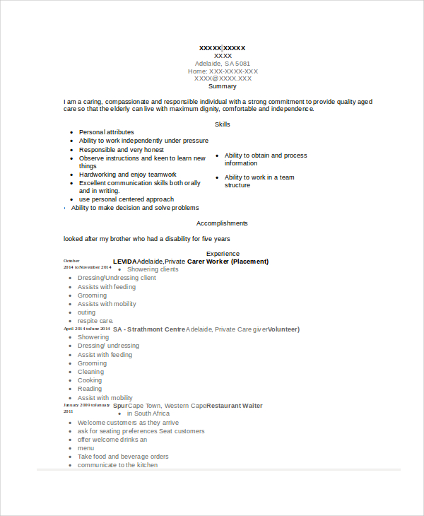 private caregiver resume in word