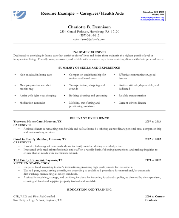 in home caregiver resume in pdf