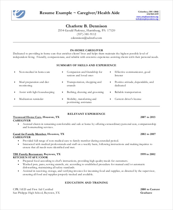 Caregiver Resume Example 7  Free Word PDF Documents Download