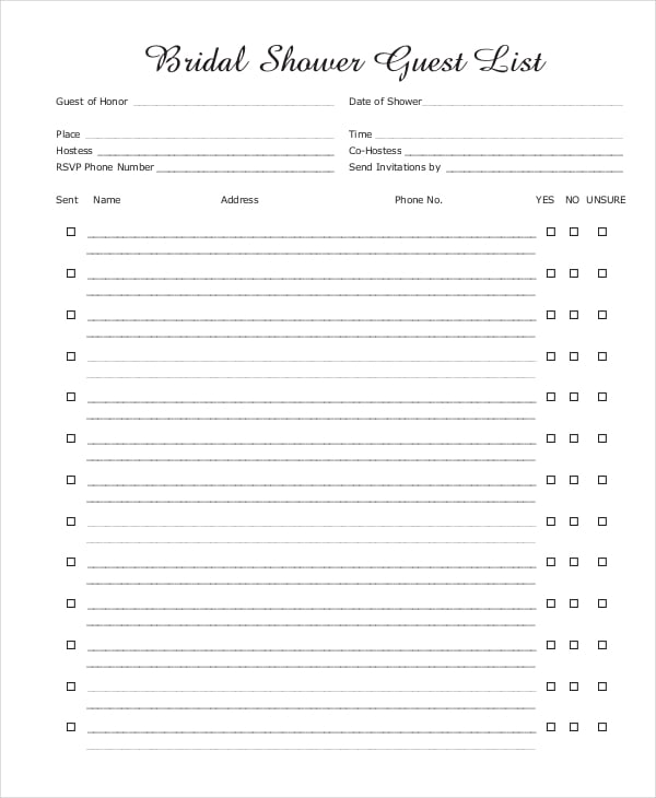 wedding bridal shower guest list template in pdf