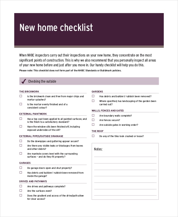 new home inspection checklist