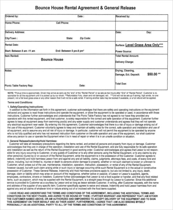 bounce house rental agreement template