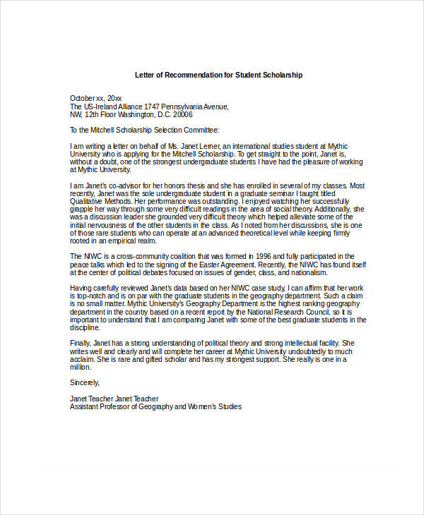 Sample Reference Letter For Scholarship Application