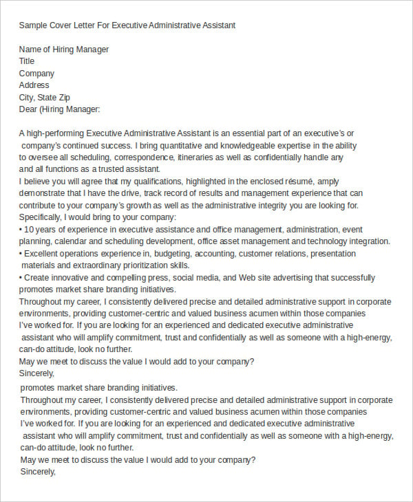 sample cover letter for executive administrative assistant
