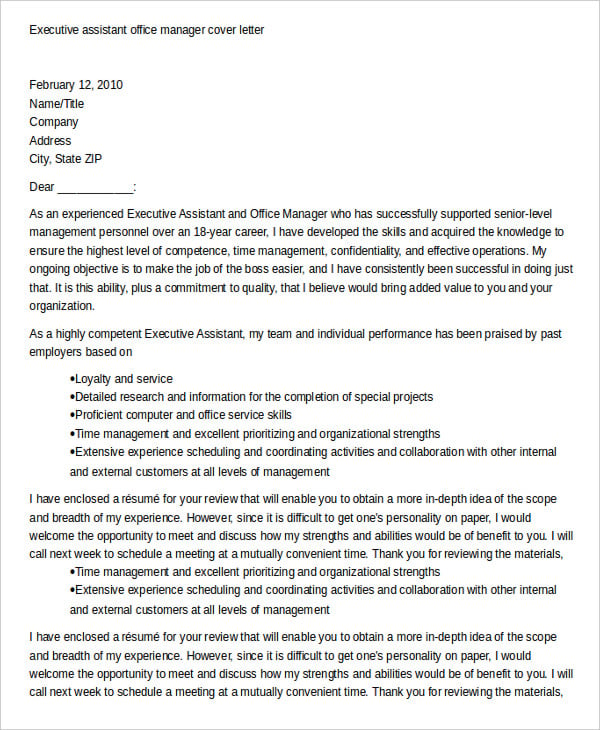 executive assistant office manager cover letter