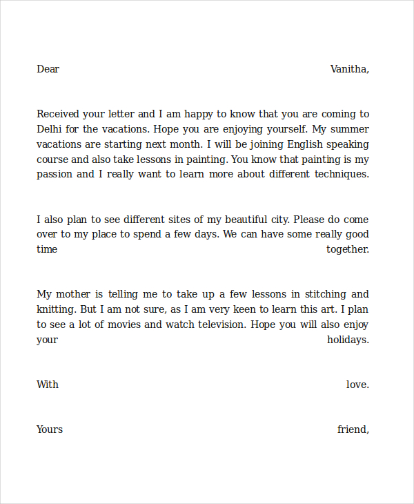 vacation friendly letter template