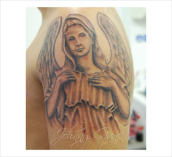 black and grey realistic angels tattoo