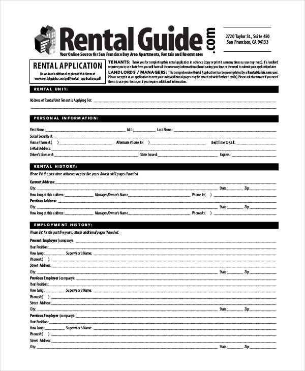 sample apartment lease application form
