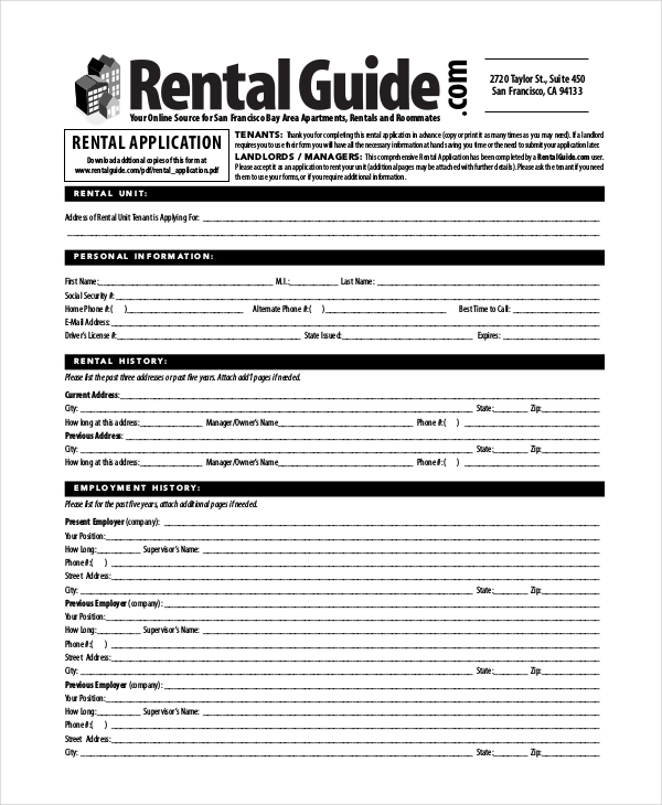 sample apartment lease application form