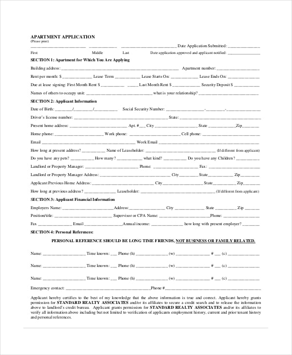 generic apartment rental application form
