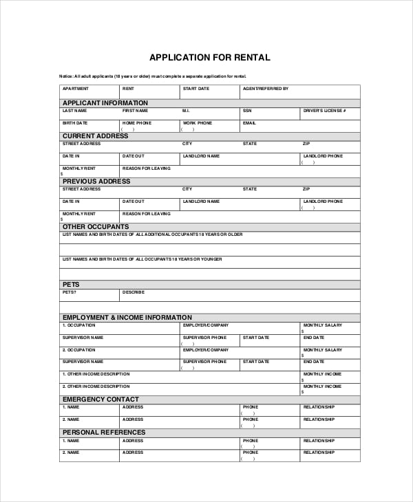 Apartment Application Template HQ Printable Documents