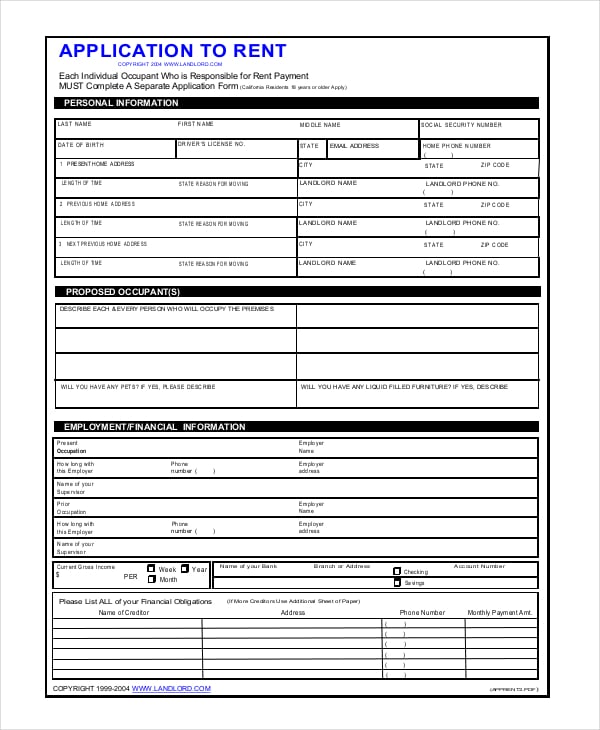 blank apartment application form