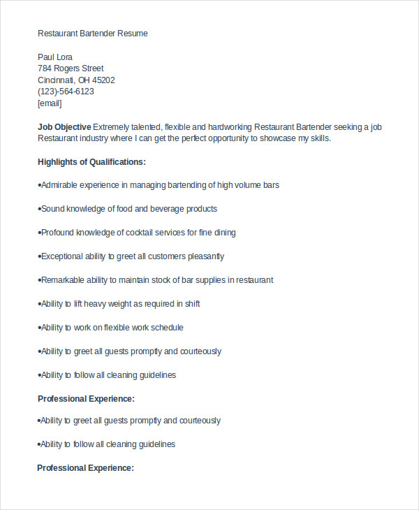 microsoft word 2007 bartending resume template