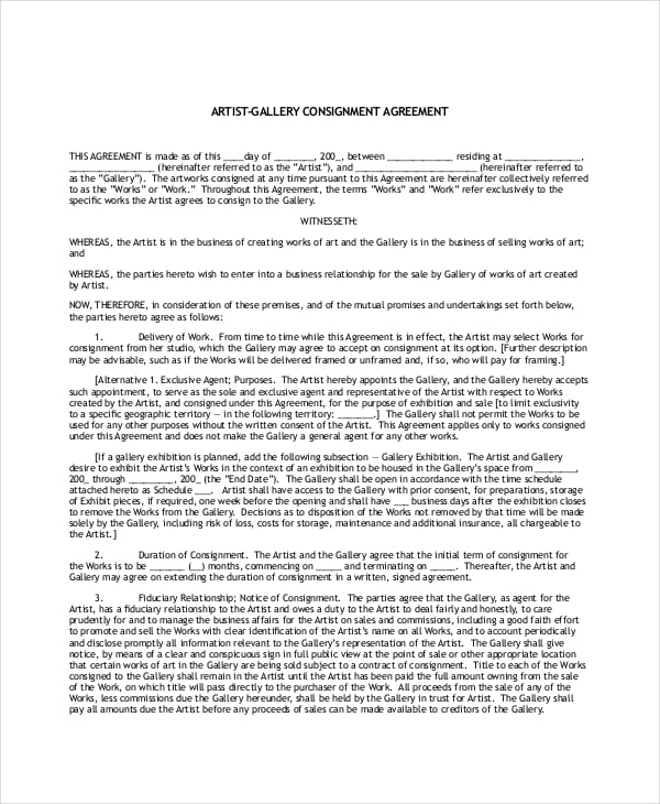 artist gallery consignment agreement