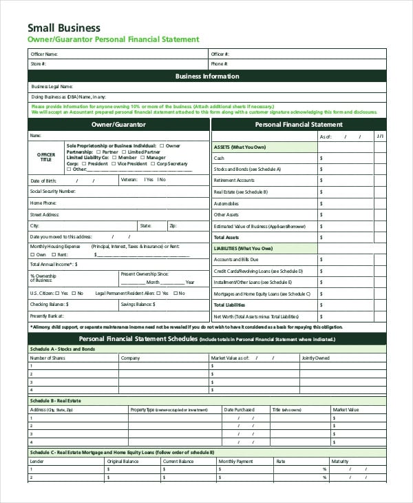business financial statement form
