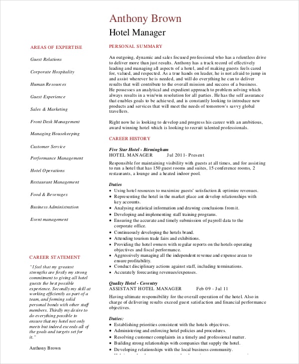 hotel operations manager resume