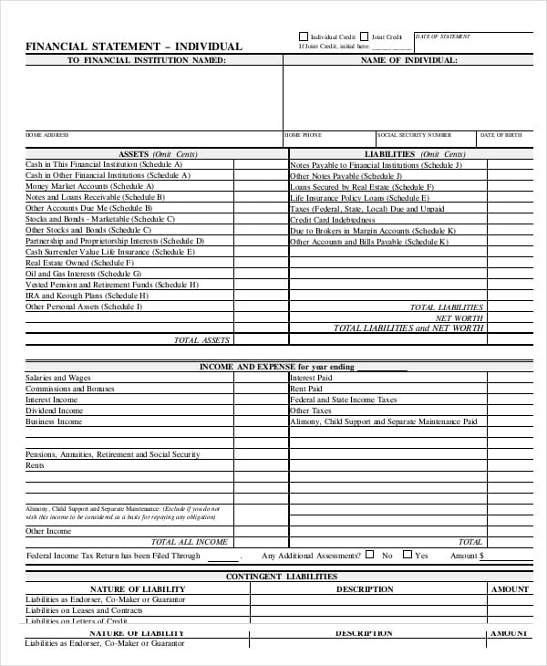 individual financial statement form