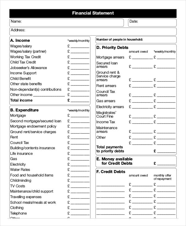 blank personal financial statement form