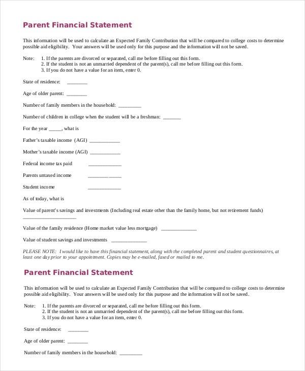 parents financial statement form