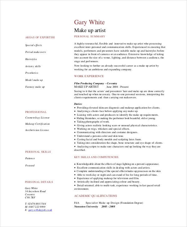 5+ Makeup Artist Resume Templates PDF, DOC Free