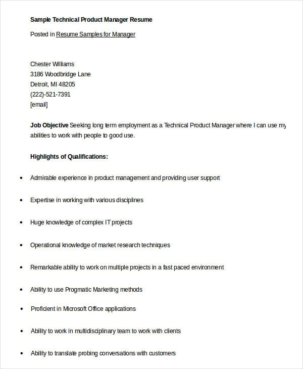 technical product manager resume