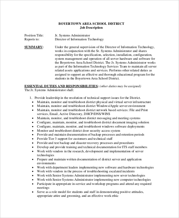 junior system administrator job description sample