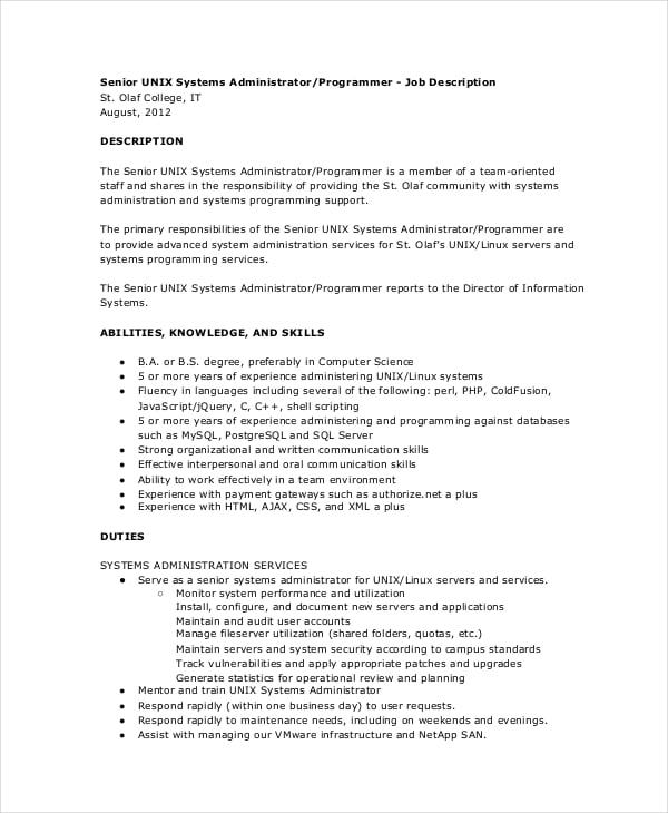unix system administrator job description