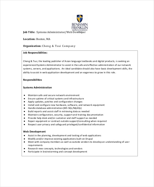 web system administrator job description