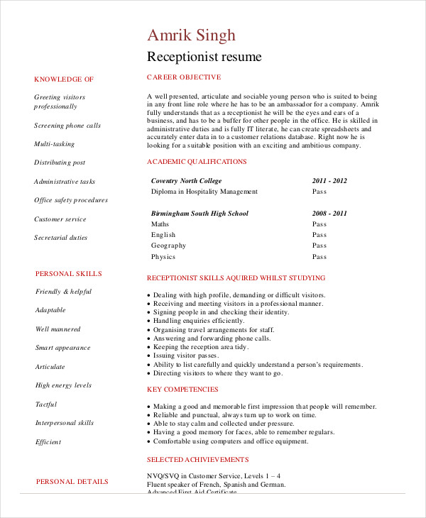 5+ Medical Receptionist Resume Templates PDF, DOC