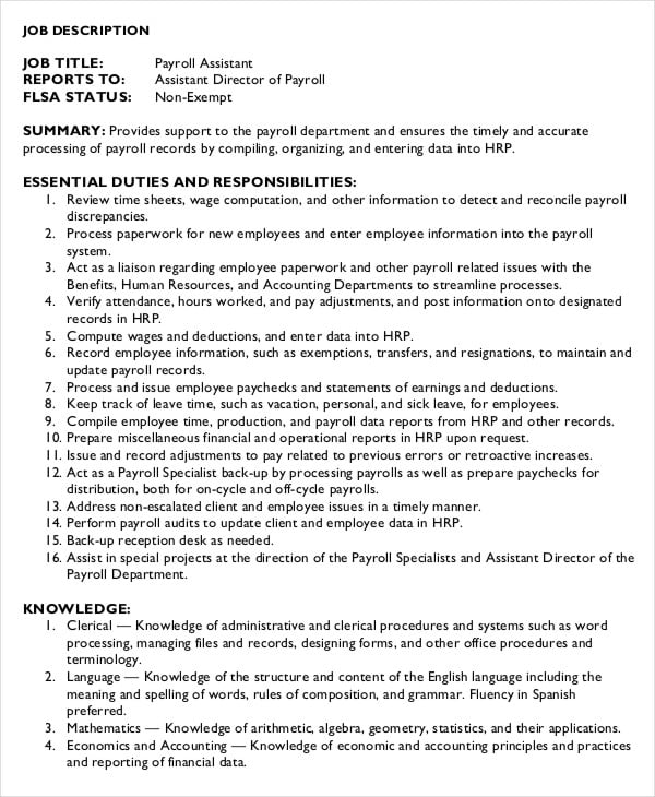 hr payroll assistant job description