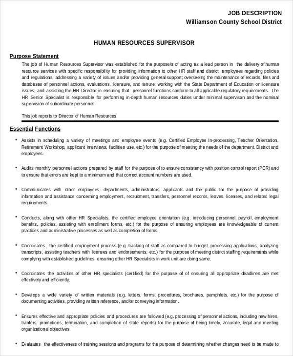 hr assistant supervisor job description