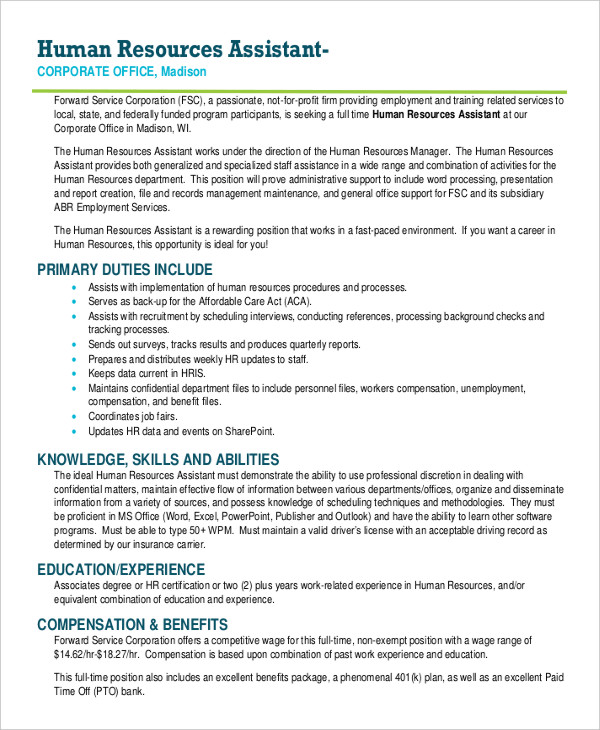 hr assistant job description for resume